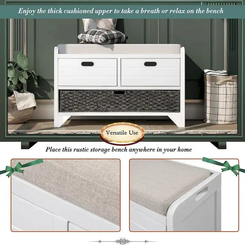 Banco de almacenamiento de madera maciza con 3 cajones