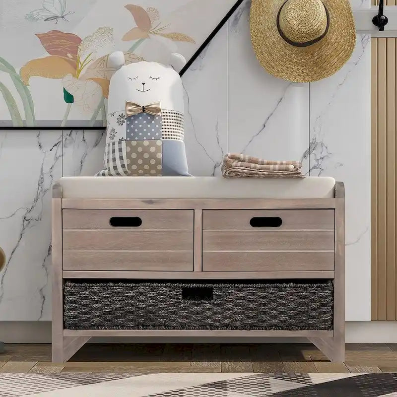 Banco de almacenamiento de madera maciza con 3 cajones