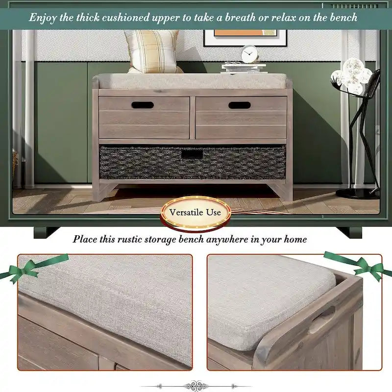 Banco de almacenamiento de madera maciza con 3 cajones