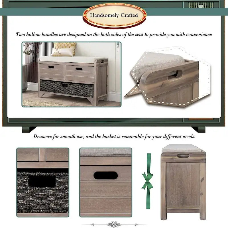 Banco de almacenamiento de madera maciza con 3 cajones