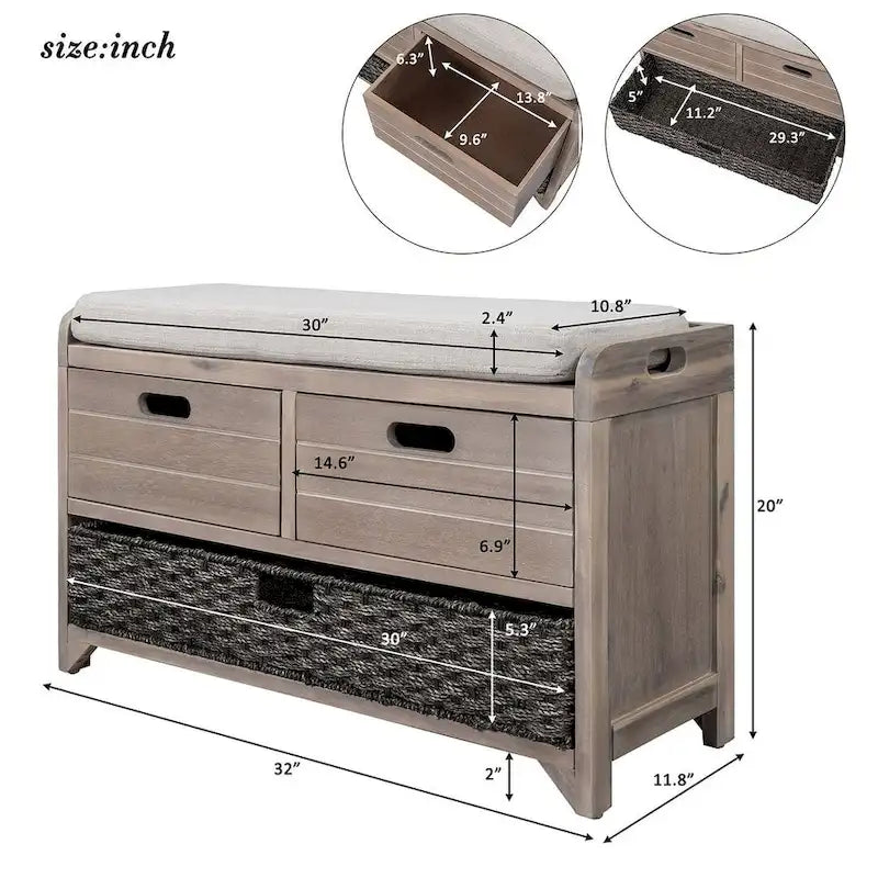 Banco de almacenamiento de madera maciza con 3 cajones