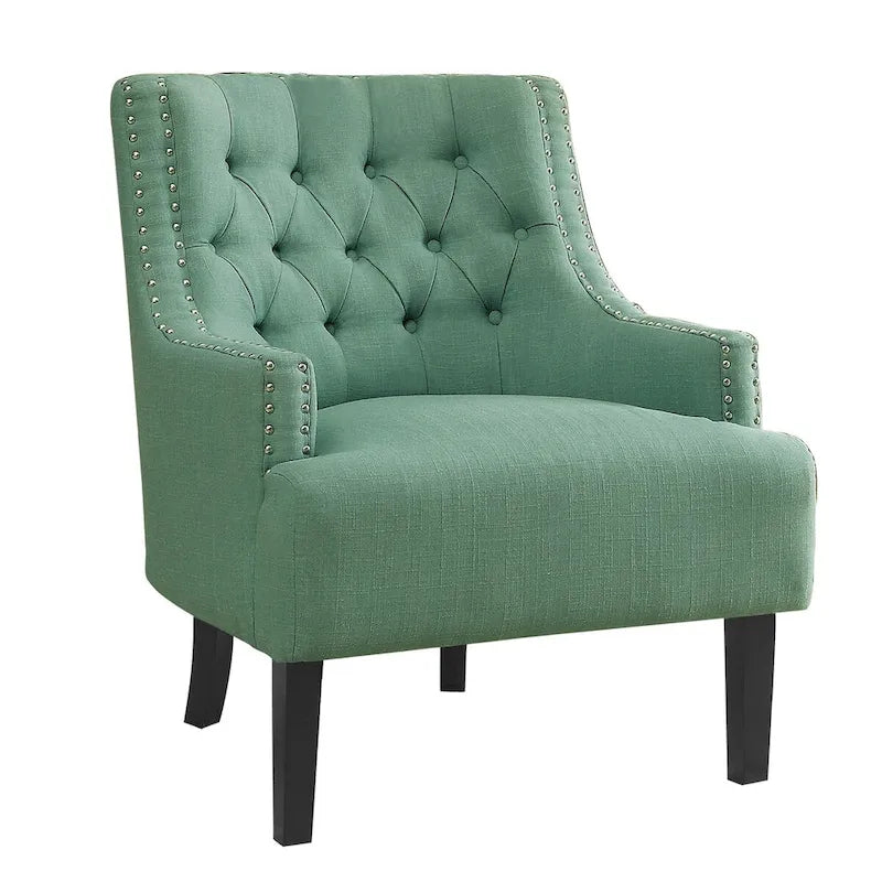 Sillón decorativo de chenilla color cerceta con respaldo capitoné