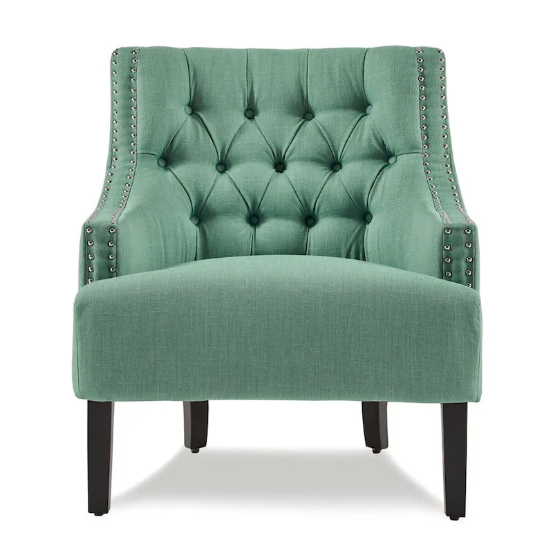Sillón decorativo de chenilla color cerceta con respaldo capitoné