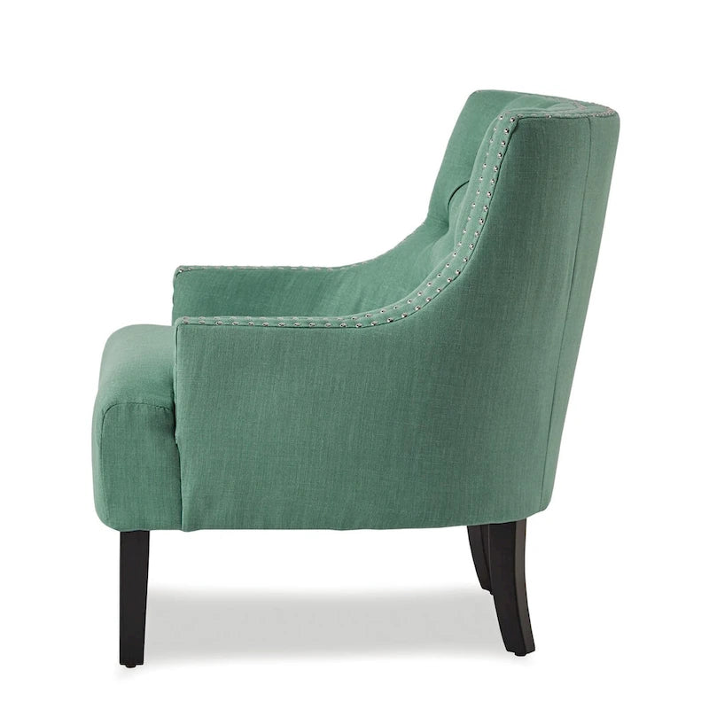 Sillón decorativo de chenilla color cerceta con respaldo capitoné