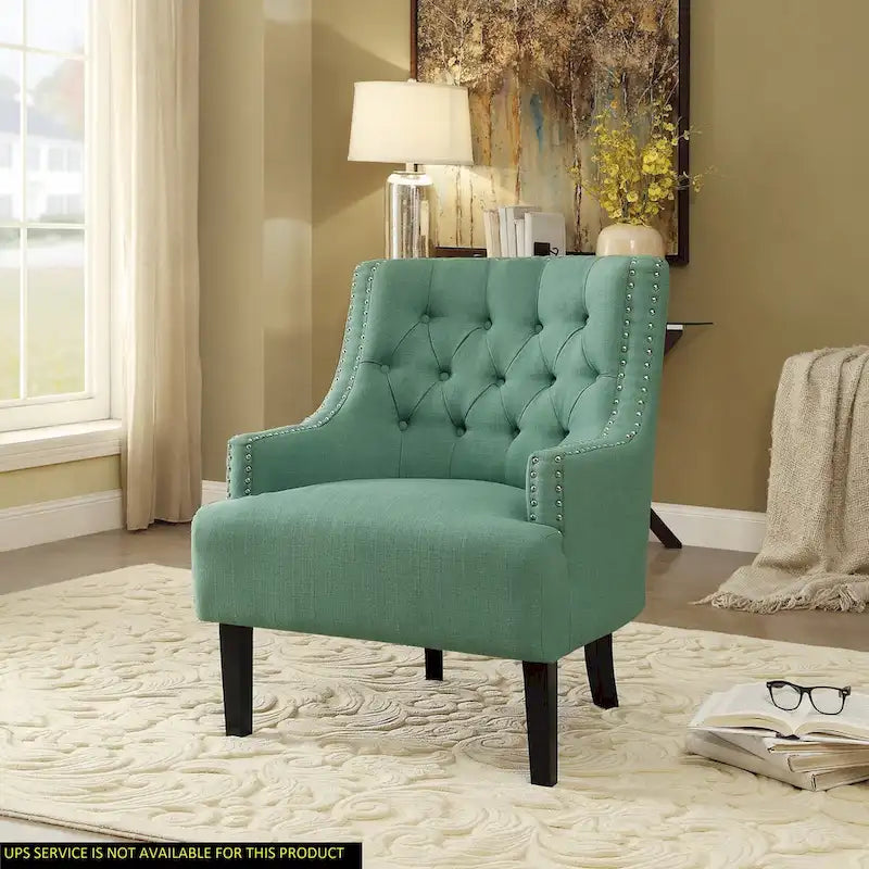 Sillón decorativo de chenilla color cerceta con respaldo capitoné