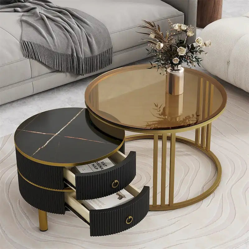 Mesa de Centro Apilable, Mesas Nido con Vidrio Templado Marrón, 2 PIEZAS