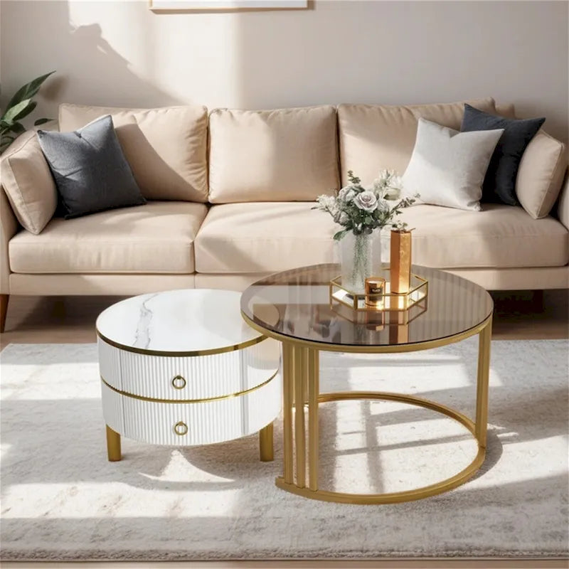 Mesa de Centro Apilable, Mesas Nido con Vidrio Templado Marrón, 2 PIEZAS