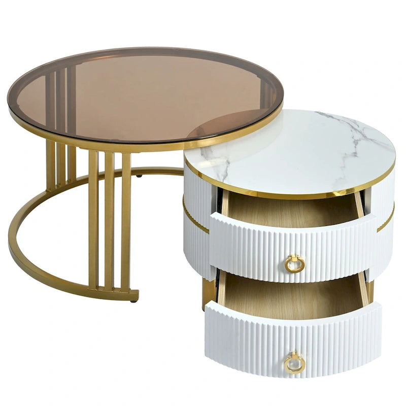 Mesa de Centro Apilable, Mesas Nido con Vidrio Templado Marrón, 2 PIEZAS