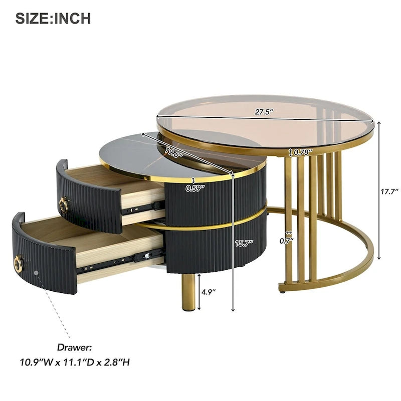 Mesa de Centro Apilable, Mesas Nido con Vidrio Templado Marrón, 2 PIEZAS