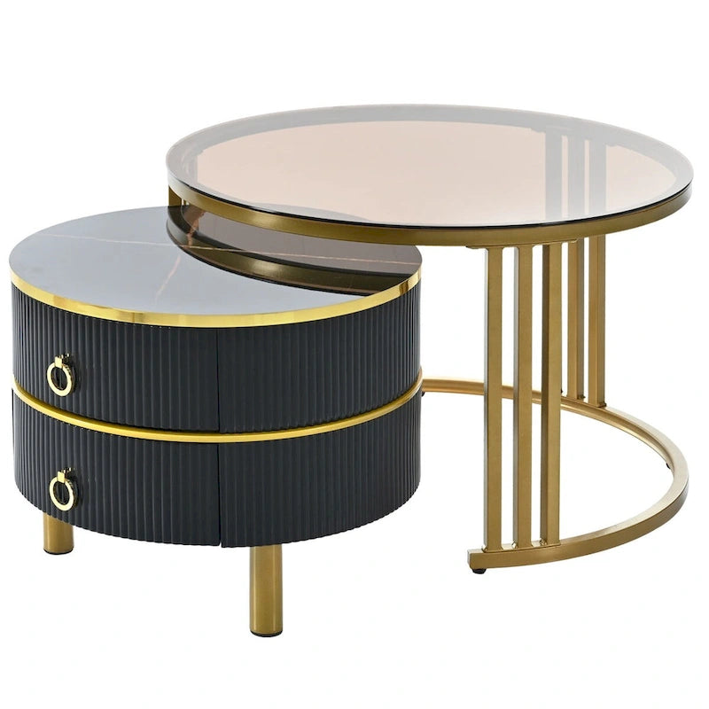 Mesa de Centro Apilable, Mesas Nido con Vidrio Templado Marrón, 2 PIEZAS
