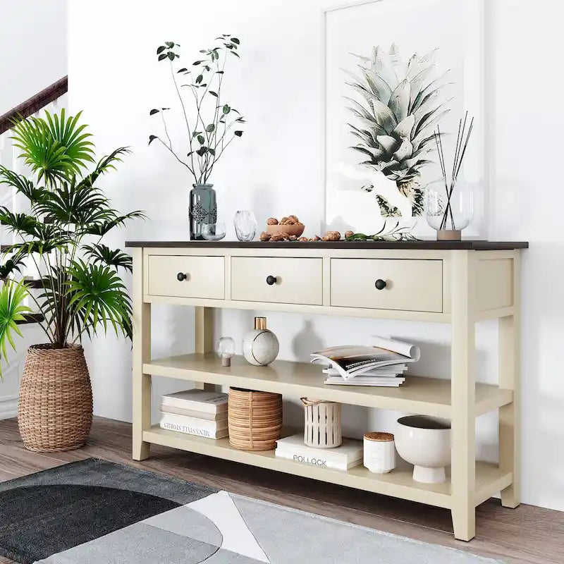 Mesa consola de diseño retro con dos estantes abiertos, estructura y patas de madera maciza de pino para sala de estar
