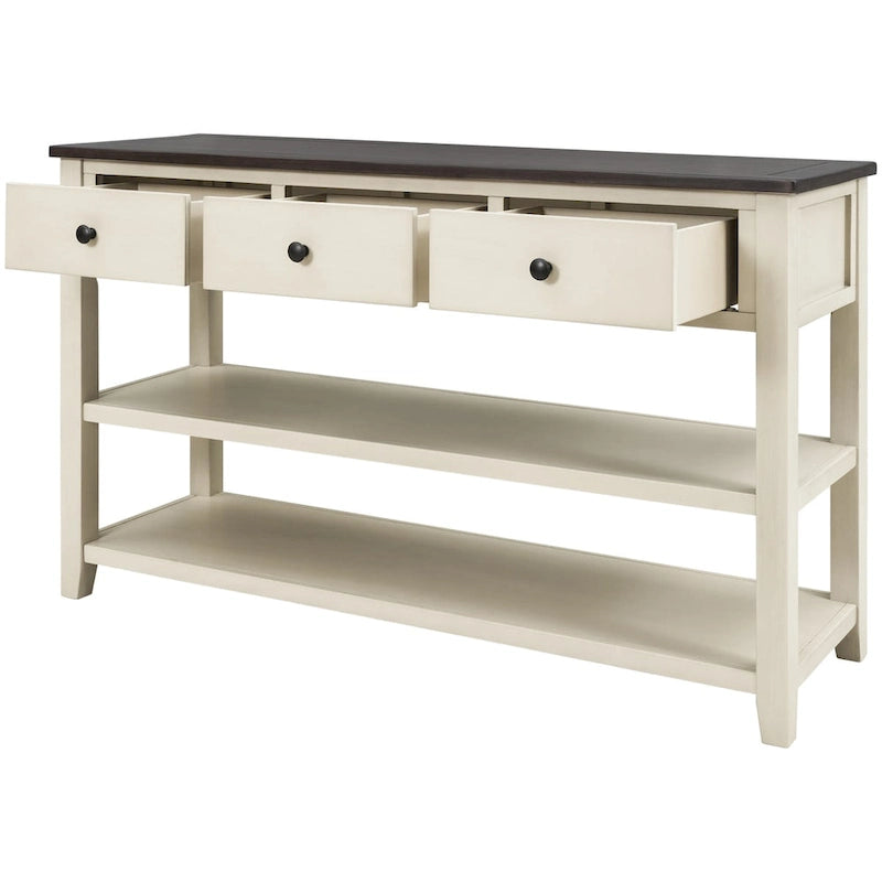 Mesa consola de diseño retro con dos estantes abiertos, estructura y patas de madera maciza de pino para sala de estar