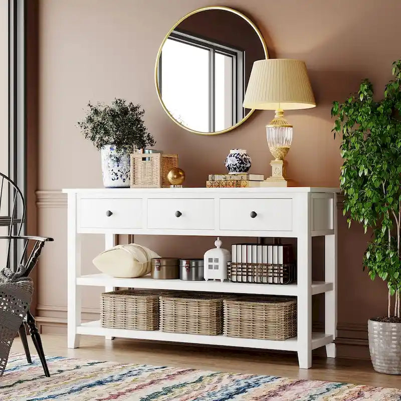 Mesa consola de diseño retro con dos estantes abiertos, estructura y patas de madera maciza de pino para sala de estar