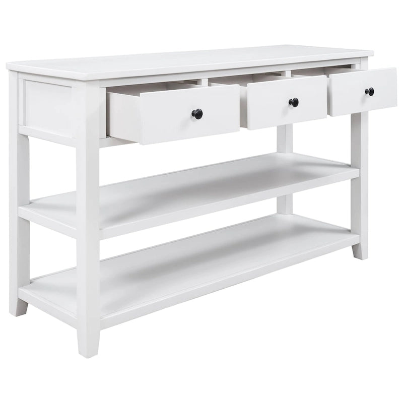Mesa consola de diseño retro con dos estantes abiertos, estructura y patas de madera maciza de pino para sala de estar