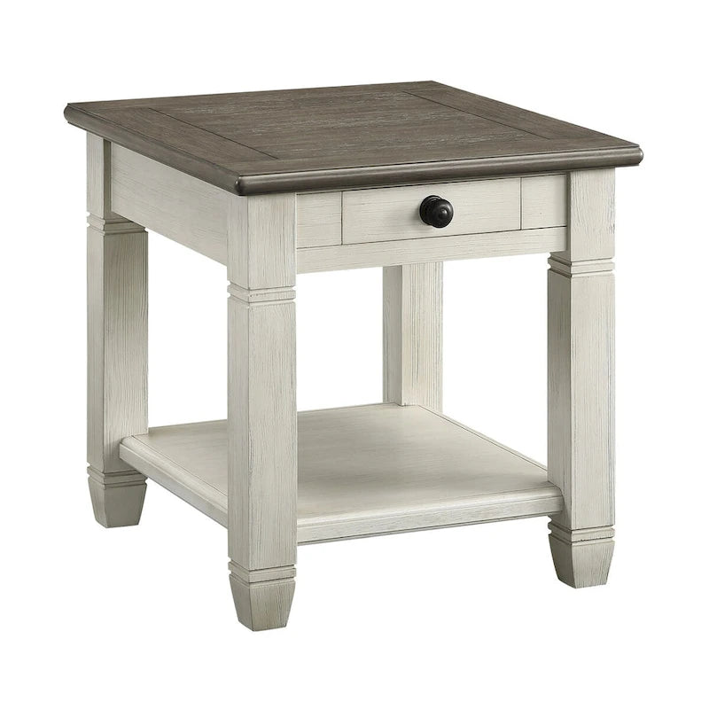 Mesa auxiliar de 26 pulgadas, cuadrada, 1 cajón, marrón, blanco, madera maciza