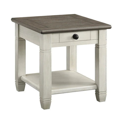 Mesa auxiliar de 26 pulgadas, cuadrada, 1 cajón, marrón, blanco, madera maciza