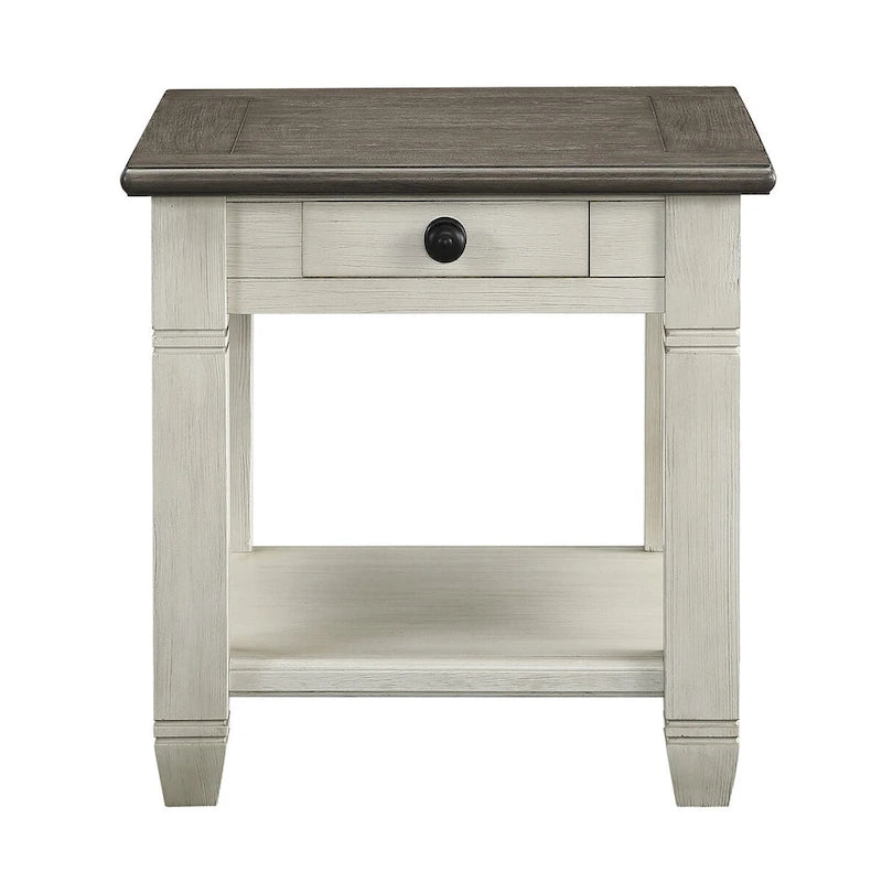 Mesa auxiliar de 26 pulgadas, cuadrada, 1 cajón, marrón, blanco, madera maciza