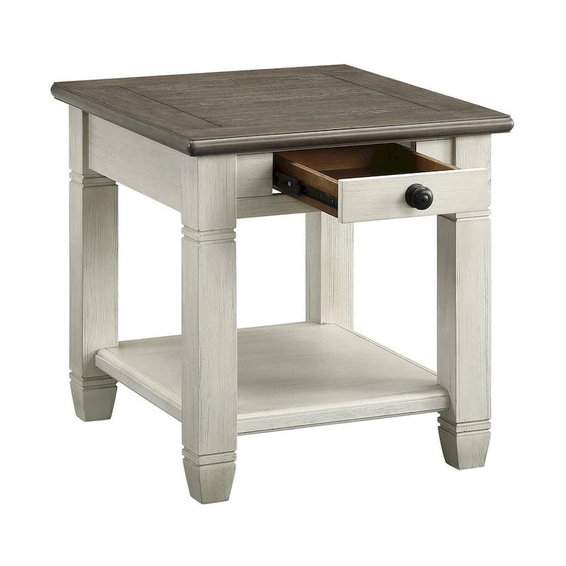 Mesa auxiliar de 26 pulgadas, cuadrada, 1 cajón, marrón, blanco, madera maciza