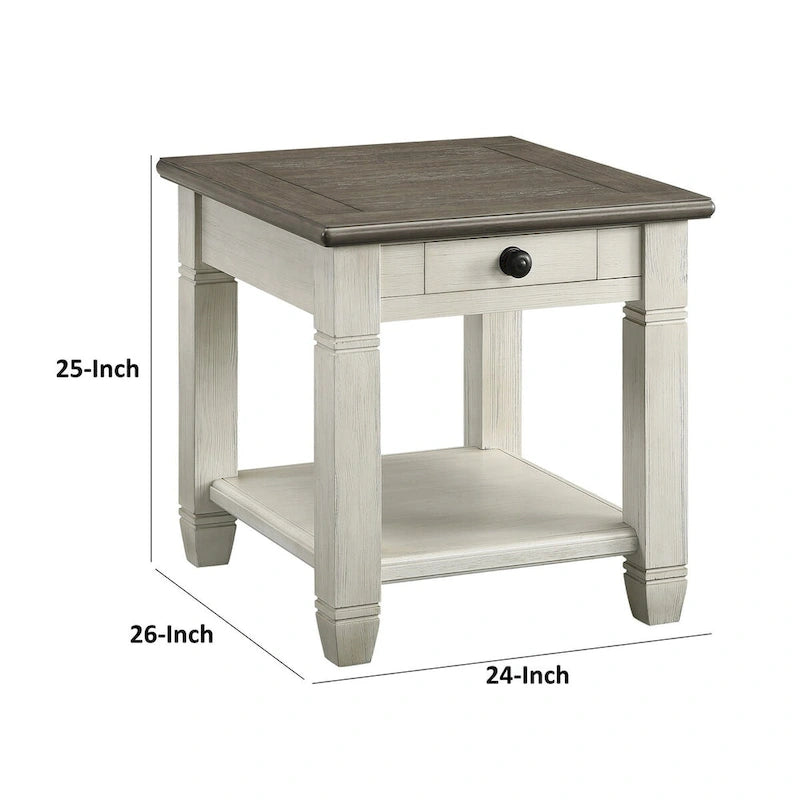 Mesa auxiliar de 26 pulgadas, cuadrada, 1 cajón, marrón, blanco, madera maciza
