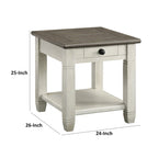 Mesa auxiliar de 26 pulgadas, cuadrada, 1 cajón, marrón, blanco, madera maciza