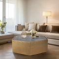 Mesa de centro glamurosa de madera moderna con tapa de cristal hexagonal dorada - 48 x 42 x 16