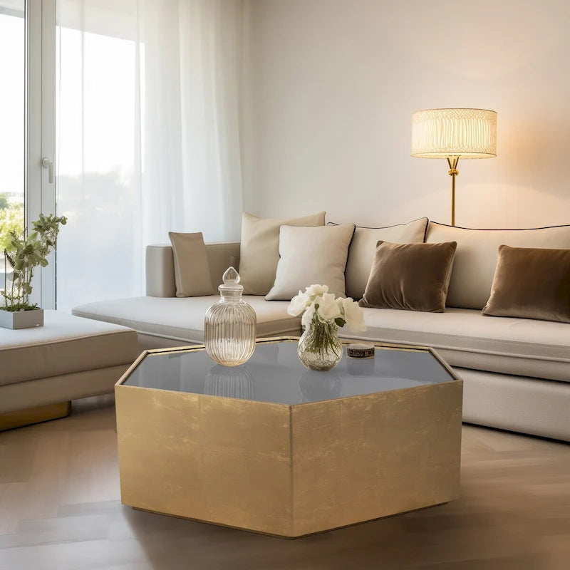 Mesa de centro glamurosa de madera moderna con tapa de cristal hexagonal dorada - 48 x 42 x 16