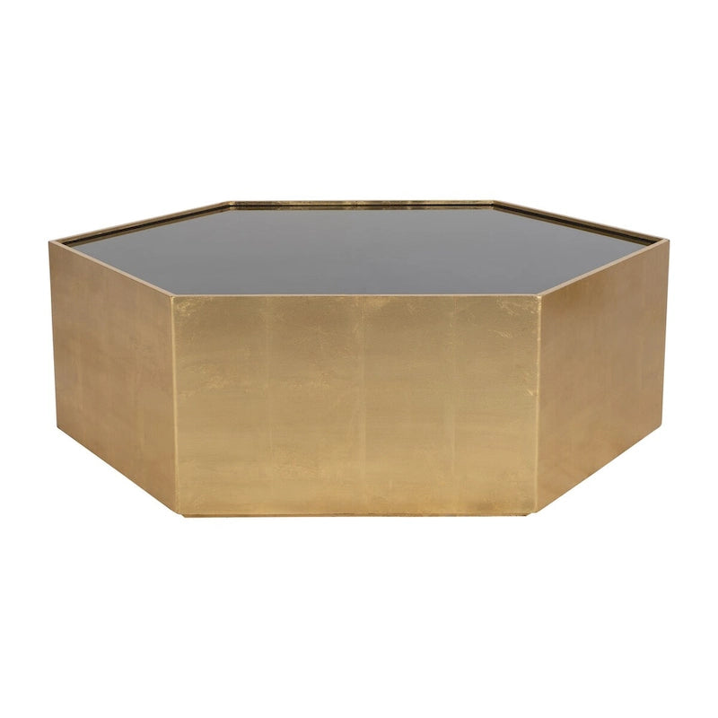Mesa de centro glamurosa de madera moderna con tapa de cristal hexagonal dorada - 48 x 42 x 16
