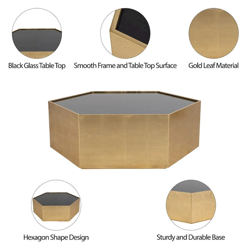 Mesa de centro glamurosa de madera moderna con tapa de cristal hexagonal dorada - 48 x 42 x 16