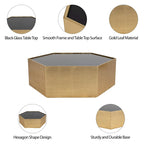 Mesa de centro glamurosa de madera moderna con tapa de cristal hexagonal dorada - 48 x 42 x 16